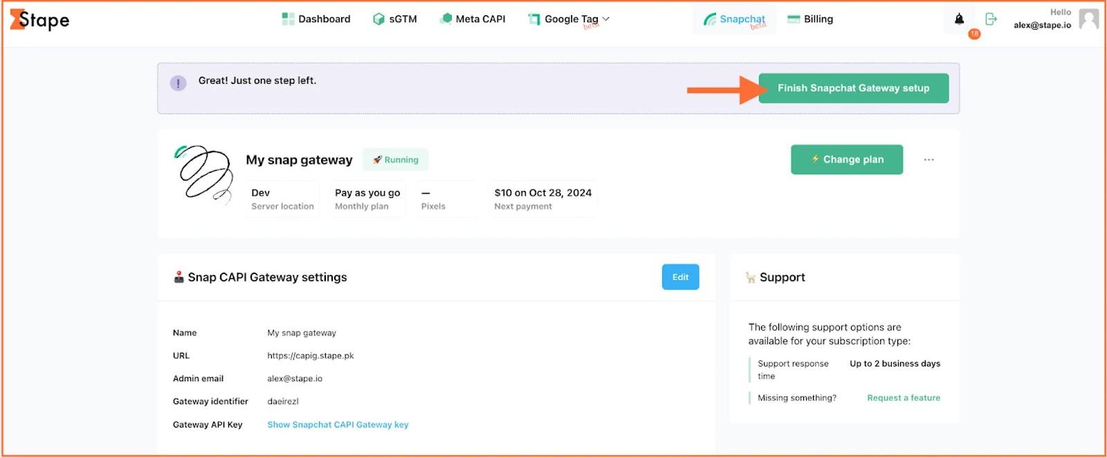Click "Finish Snapchat Gateway setup"