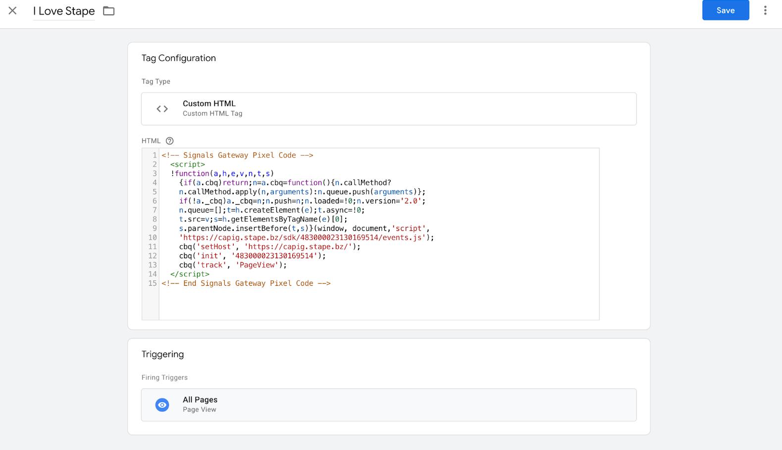 Agregue una etiqueta HTML personalizada → pegue el código base de Signals Pixel → dale un disparador y publícalo.