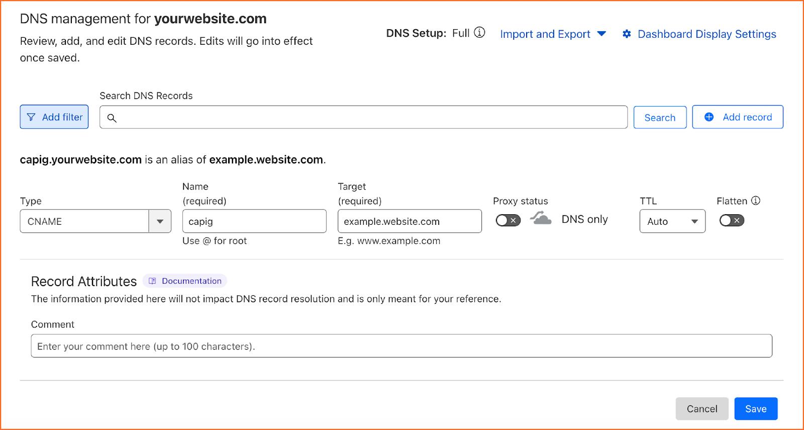 El siguiente paso requerirá que defina la configuración de DNS para el dominio personalizado.