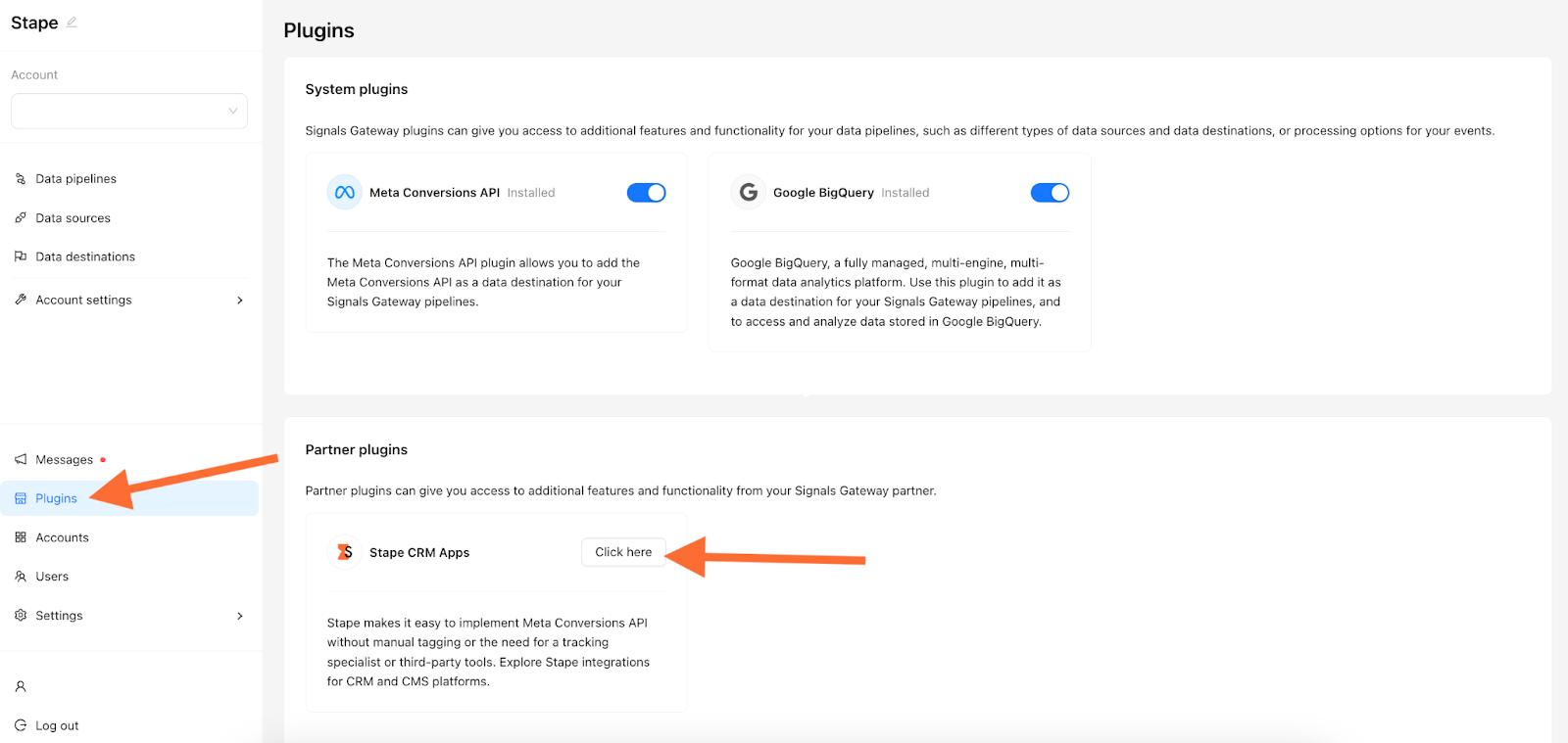En el menú de la izquierda, si hace clic en “Complementos”, verá Stape CRM Apps.