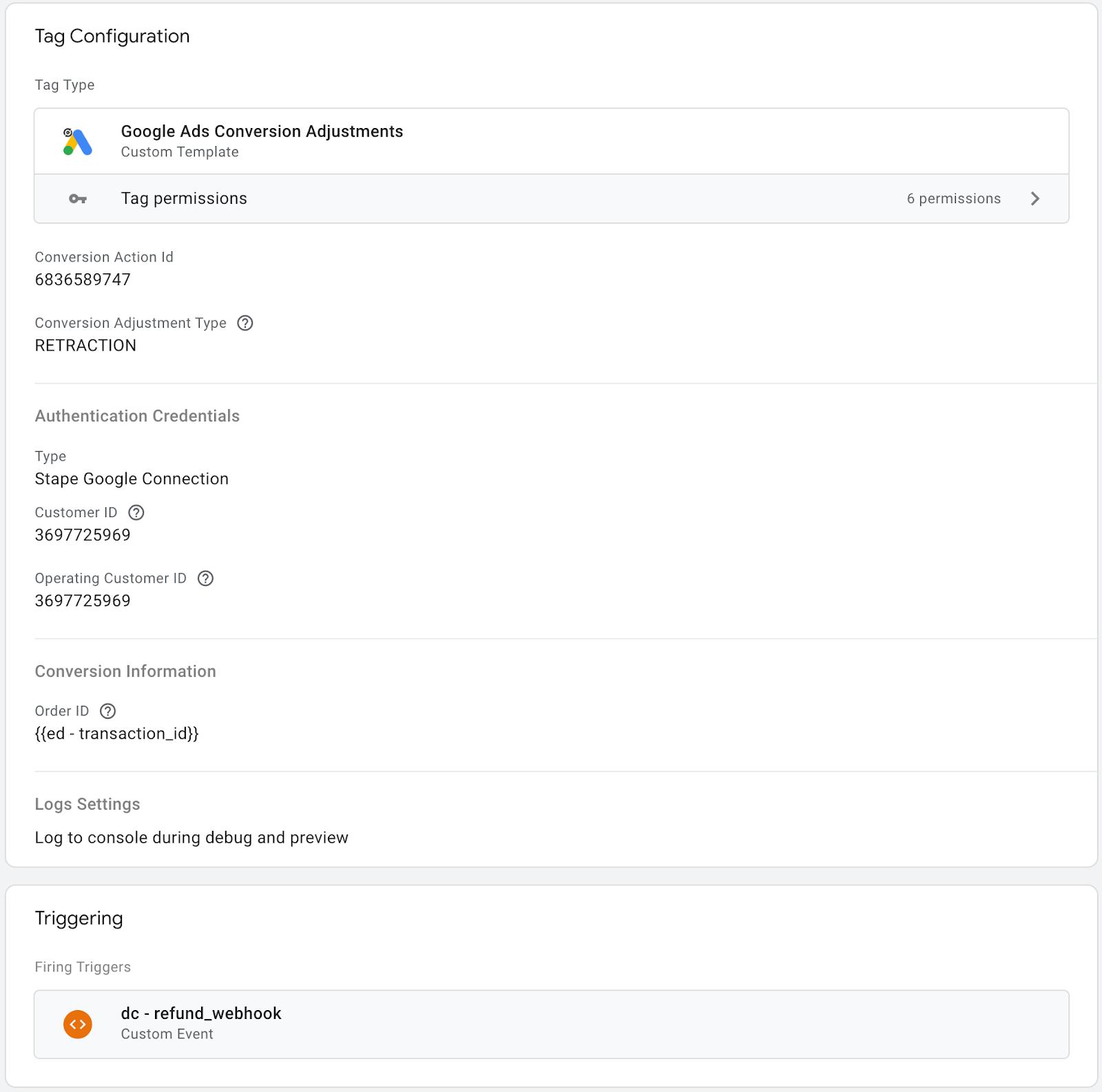 Example of tag configuration