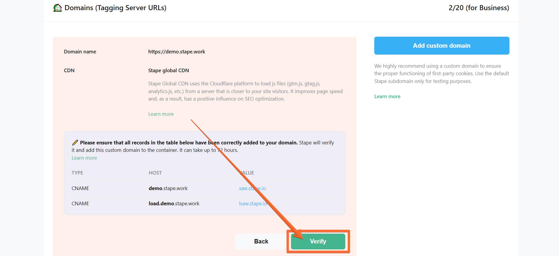 Return to the Stape domain settings page and click Verify