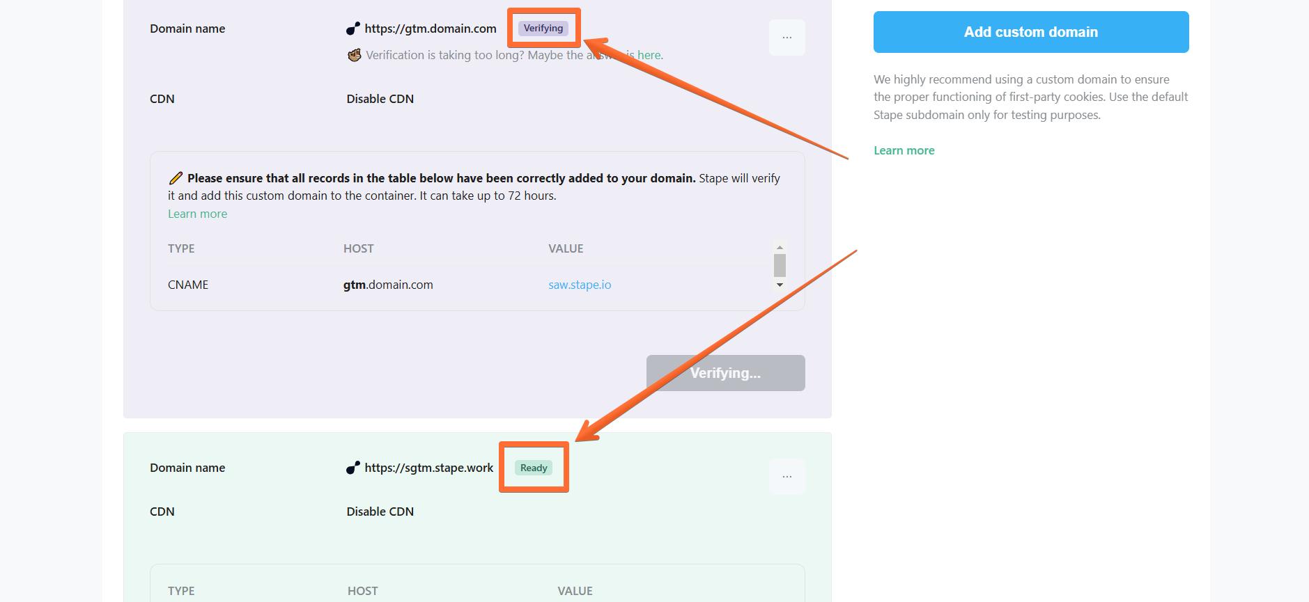 Wait for Stape to finish verifying your custom domain