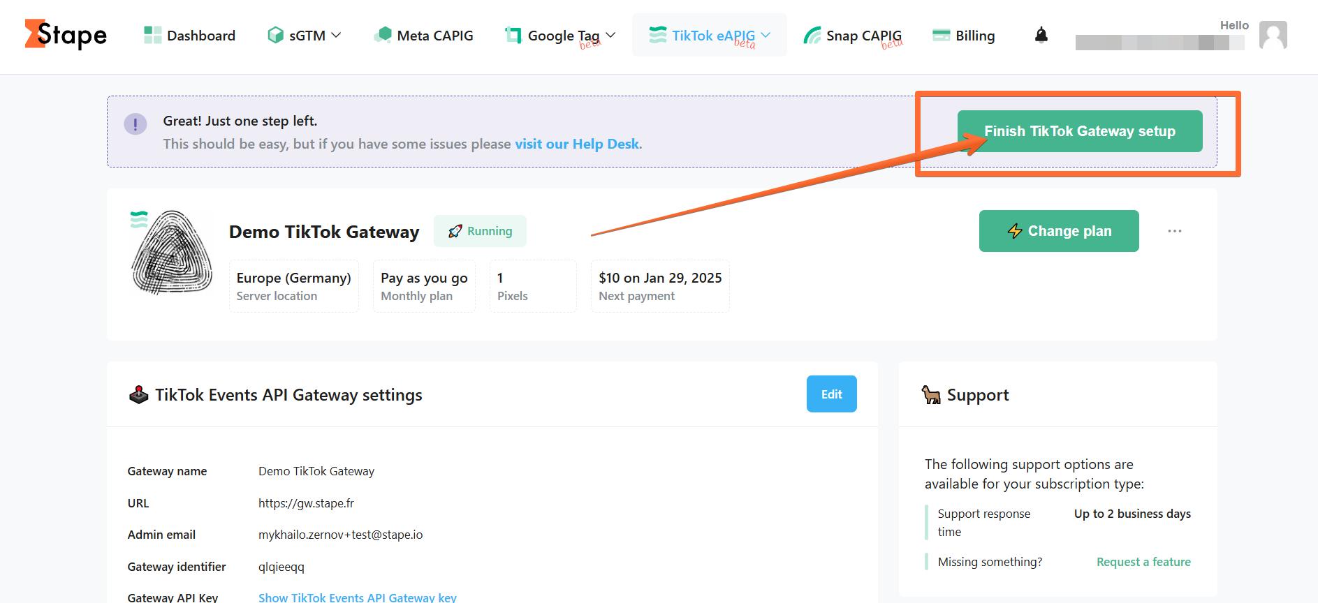 Click Finish TikTok Gateway setup