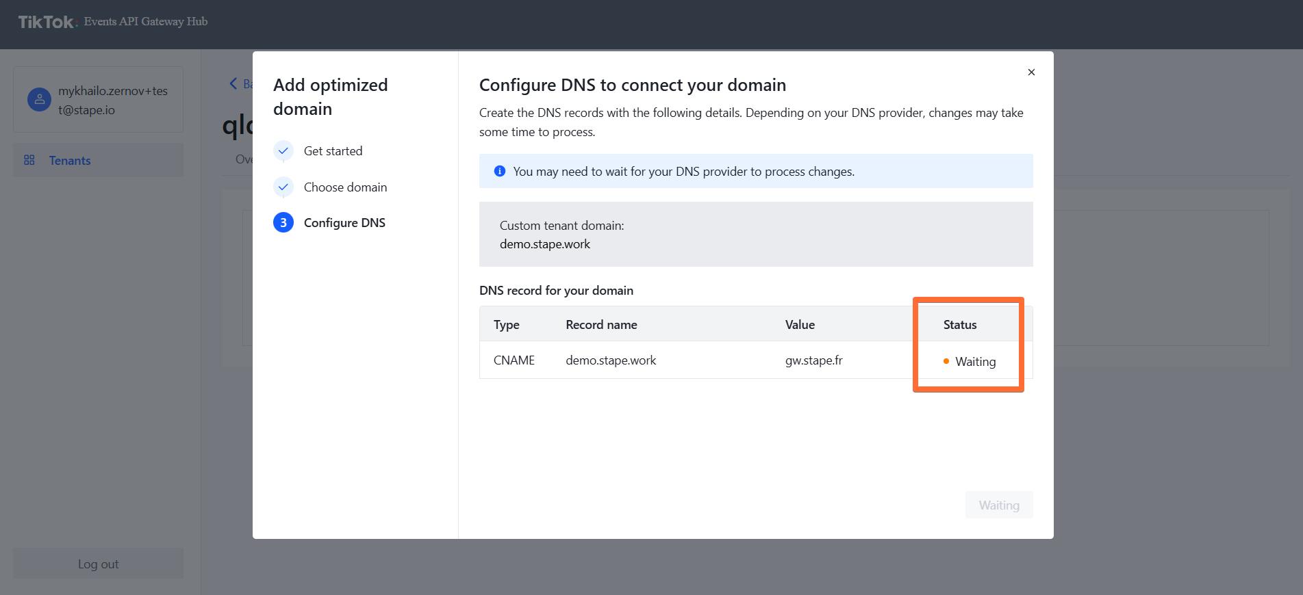 Waiting status in the TikTok Events API Gateway Hub