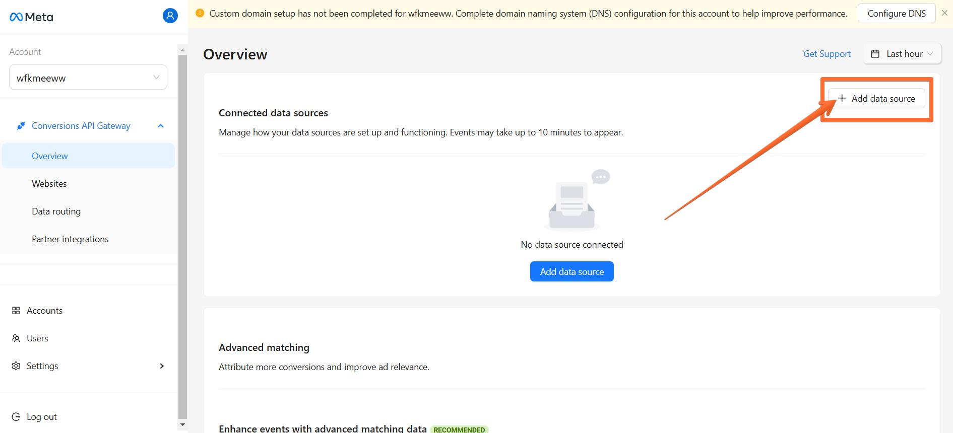 Add data source in your Meta Conversions API Gateway hub