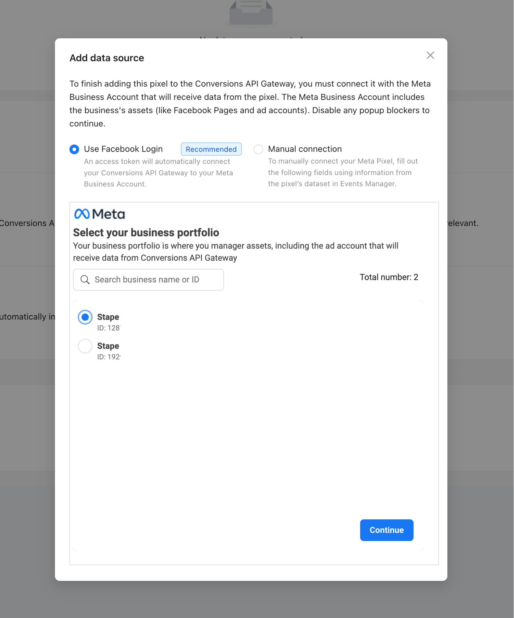 Select your business account and the Pixel you want to add