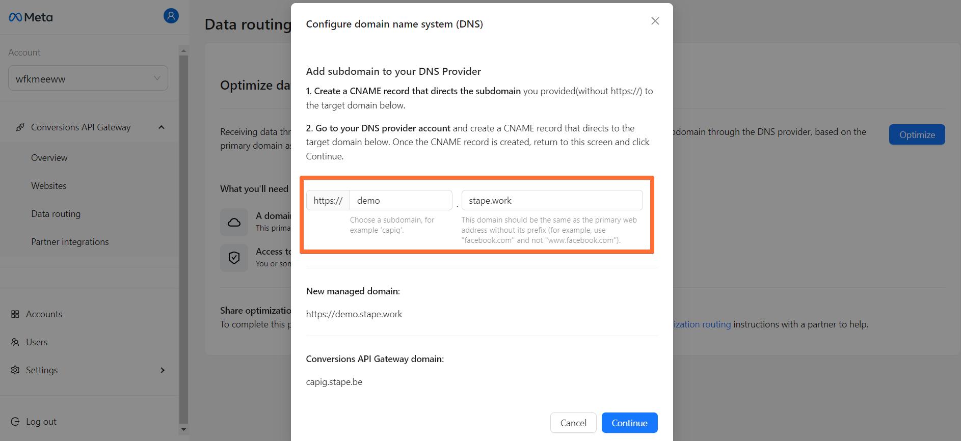 Configure domain name system (DNS) screen