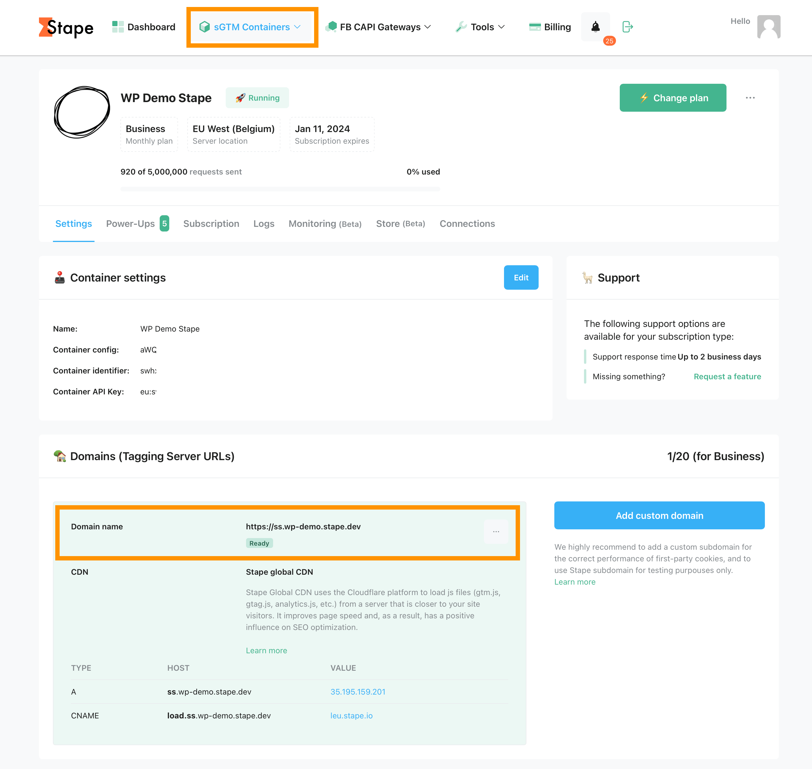Open sGTM container and scroll to Domains