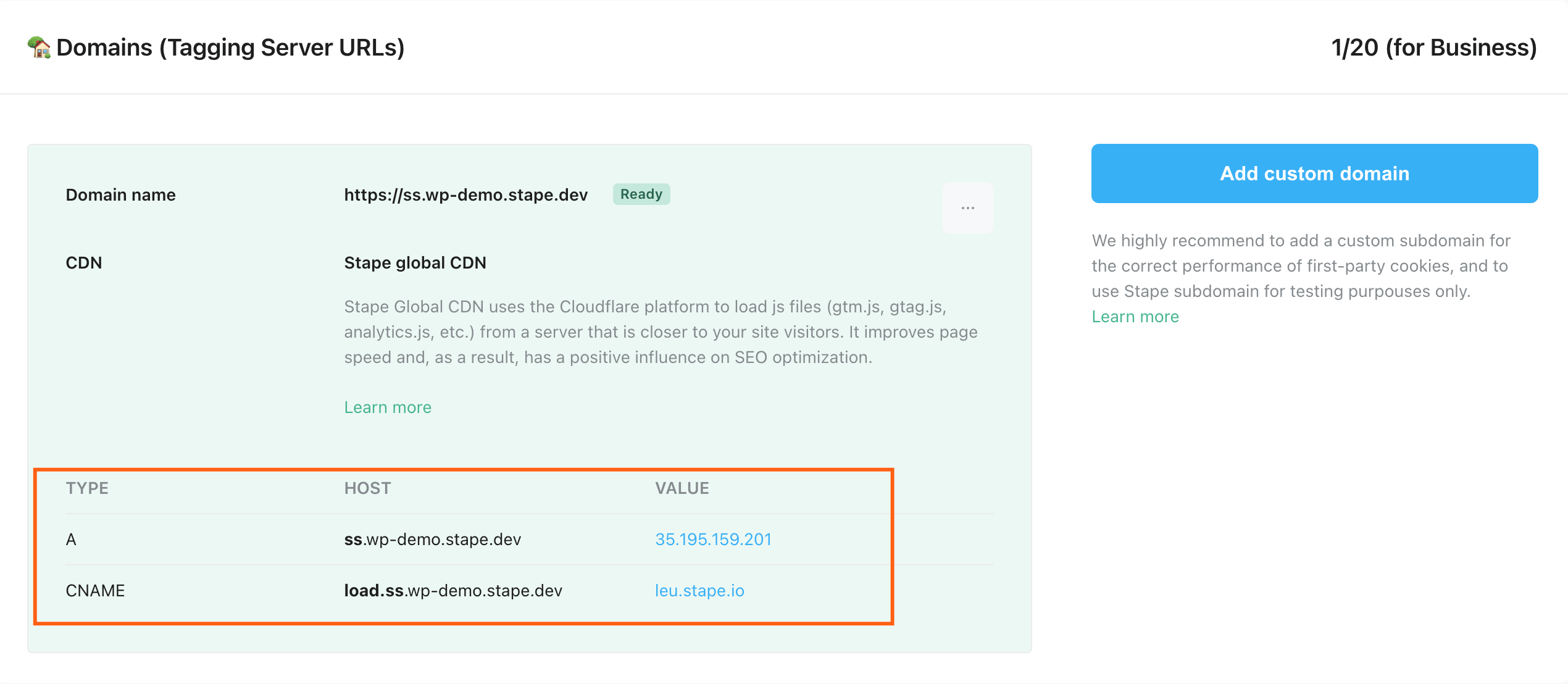 DNS records provided by Stape
