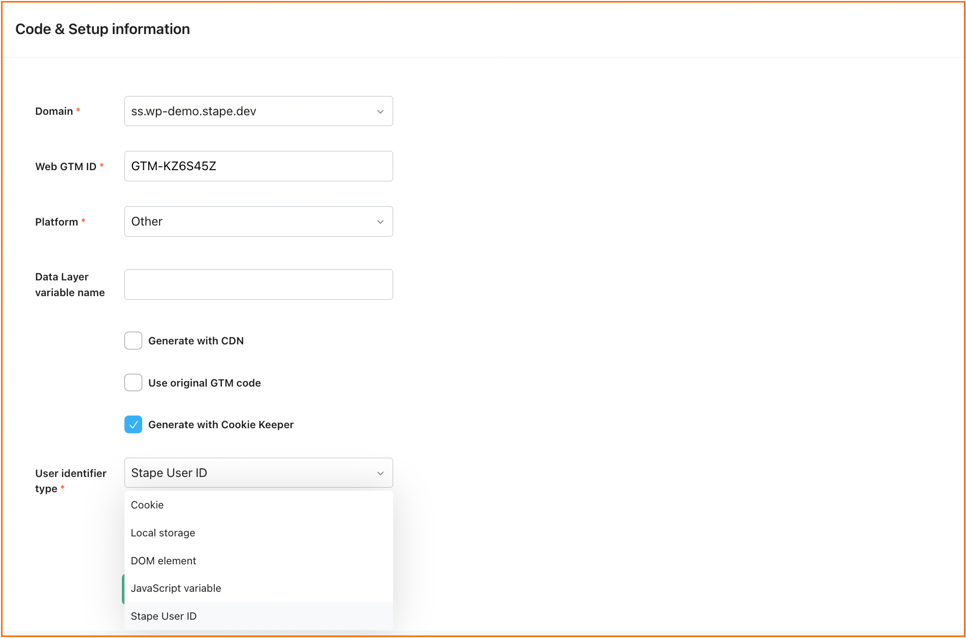 Different options in the User Identifier type field