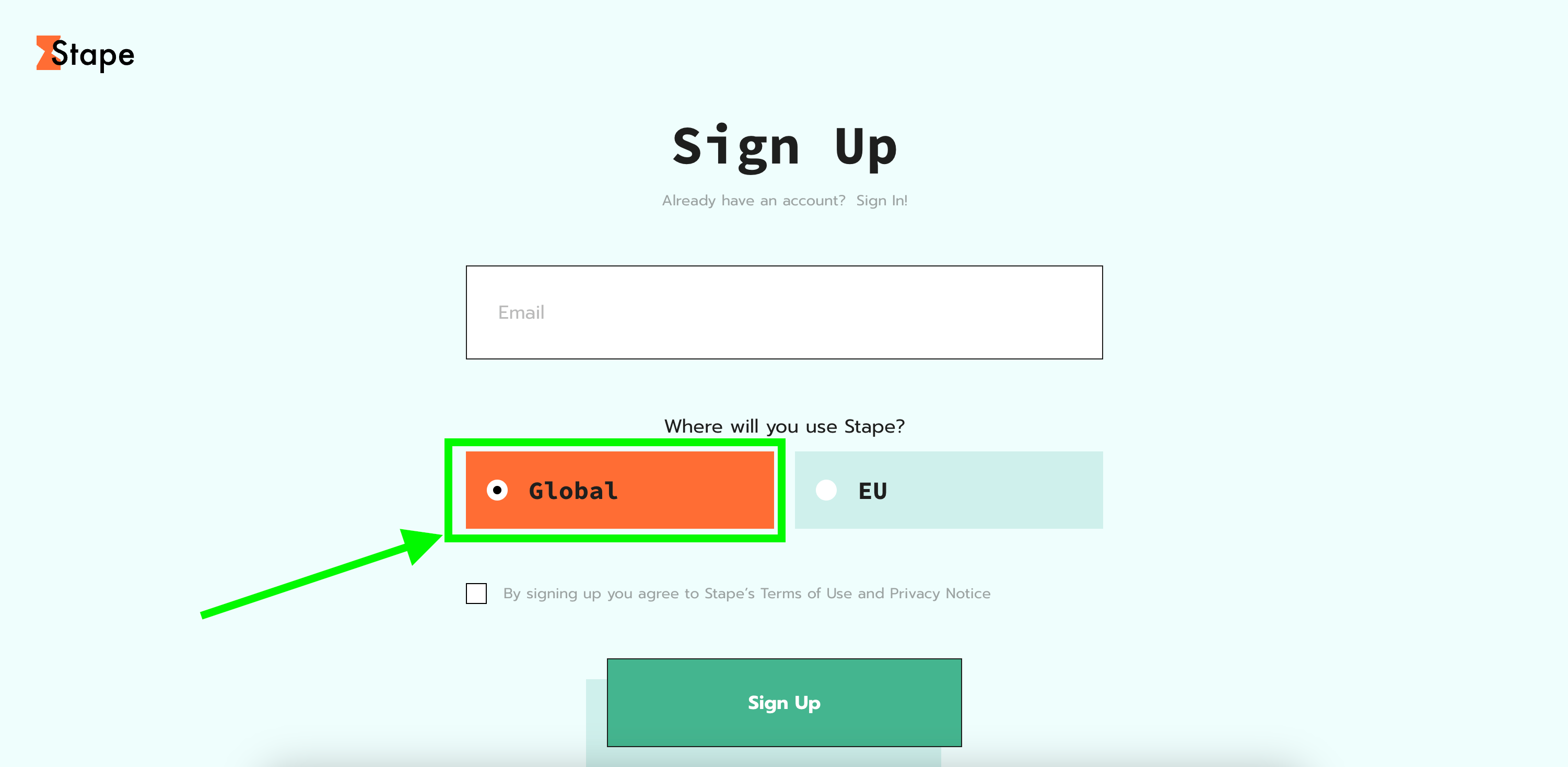 Selecting Global on the sign-up page