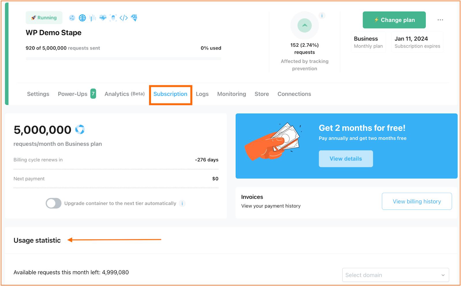 The Usage Statistic dashboard