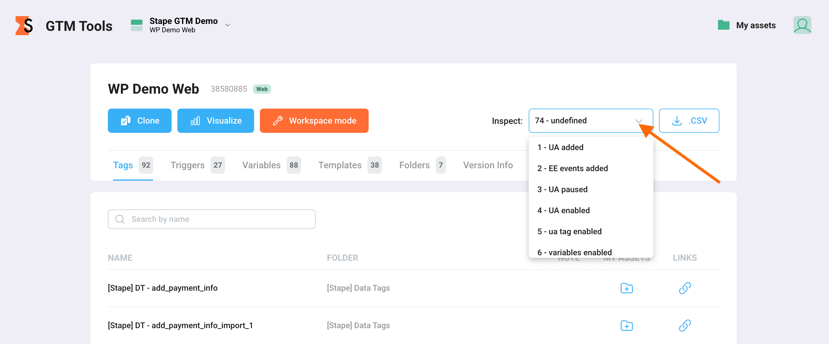 Versioni del contenitore GTM nello strumento Inspect