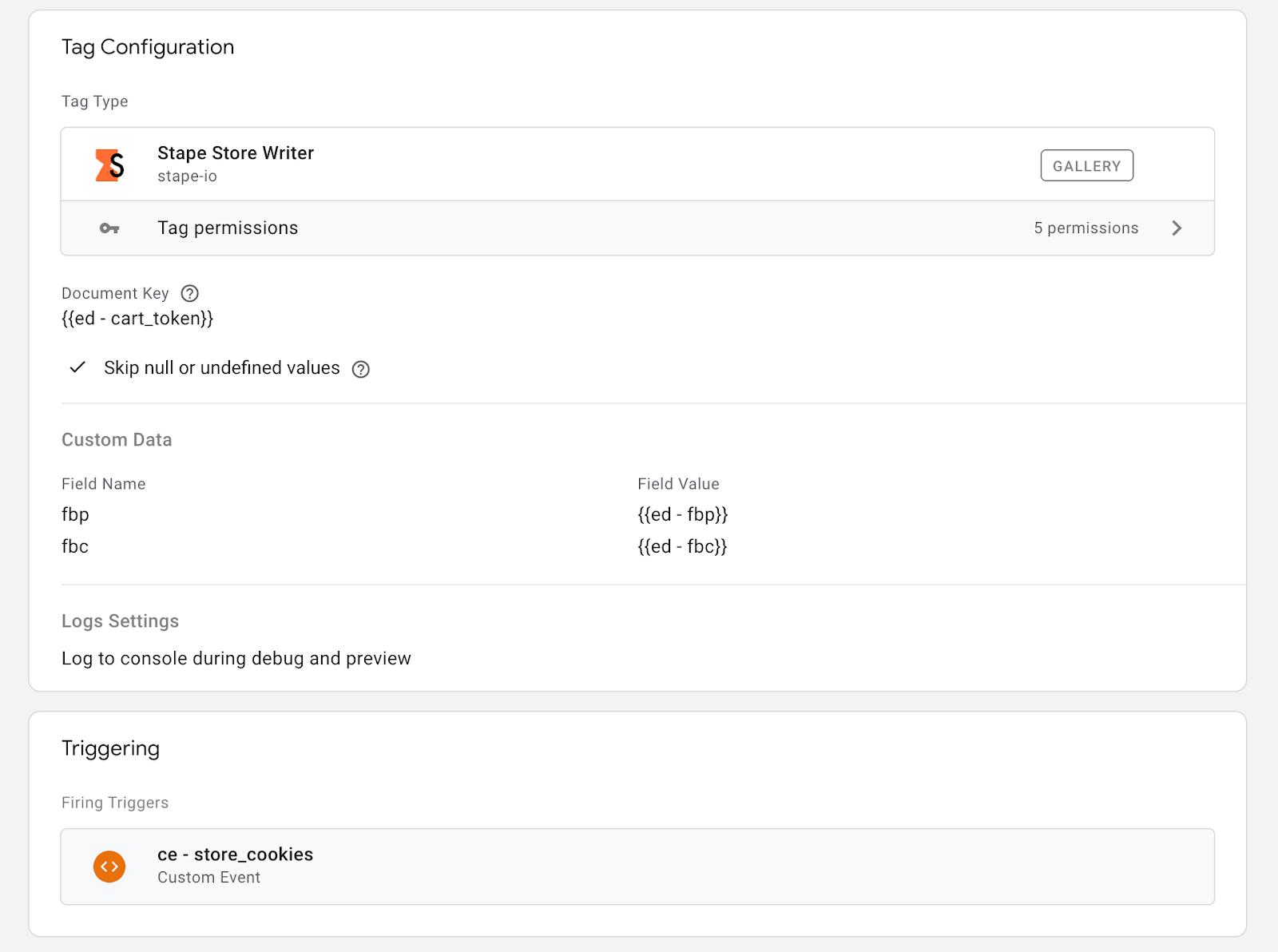 Stape Store Writer tag config