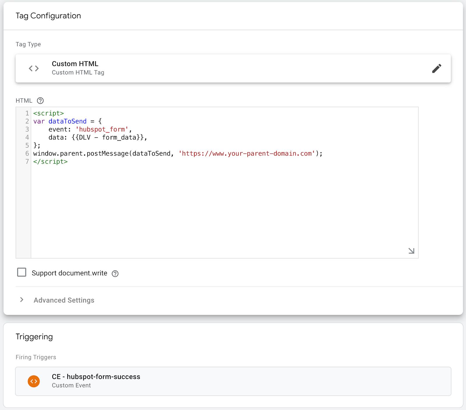 Custom HTML tag script - data to send