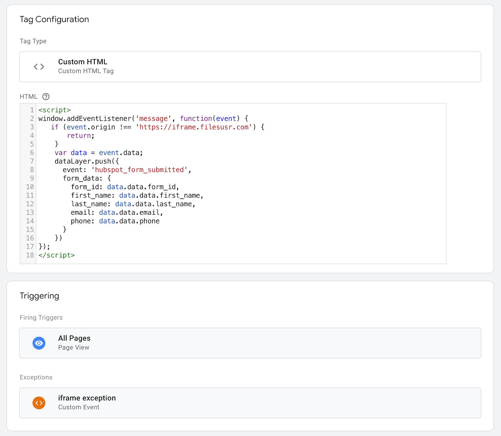 Custom HTML tag script - data to send