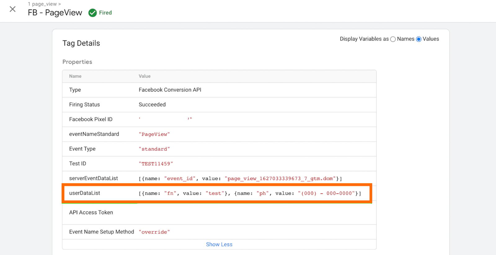 userDataList in Tag Details