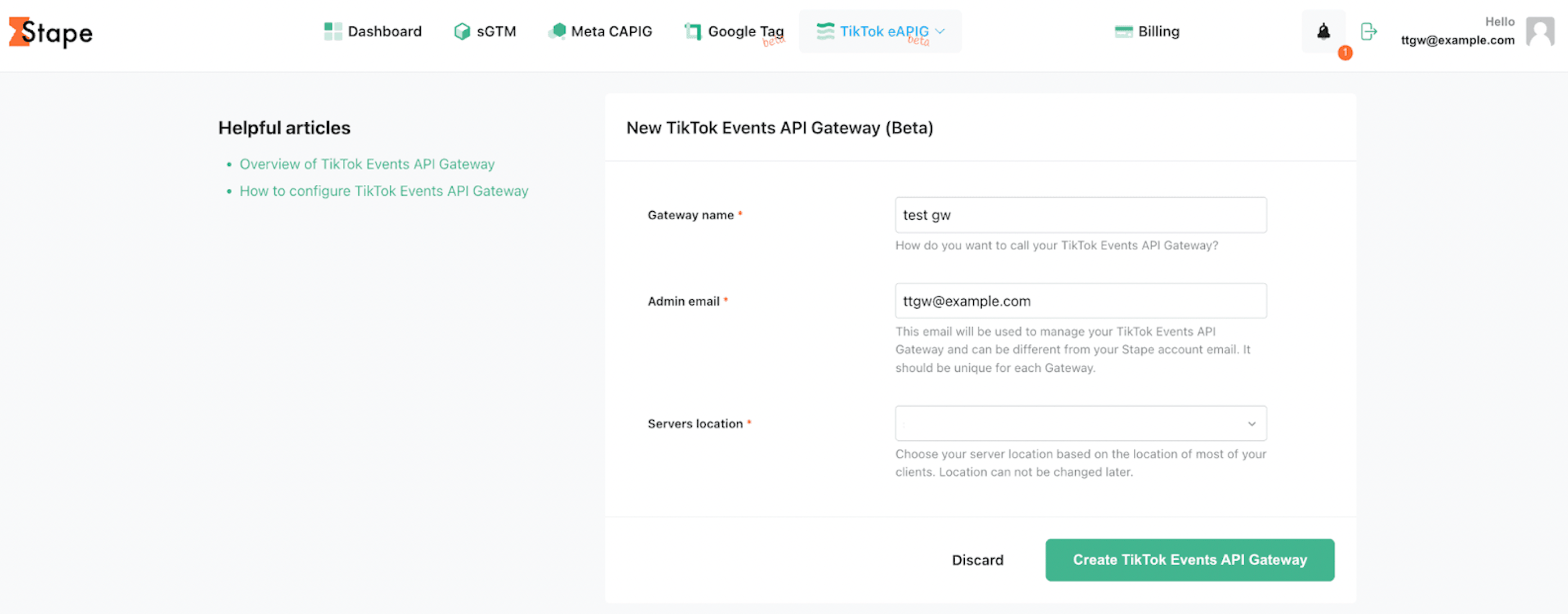 Click “Create TikTok Events API Gateway”.