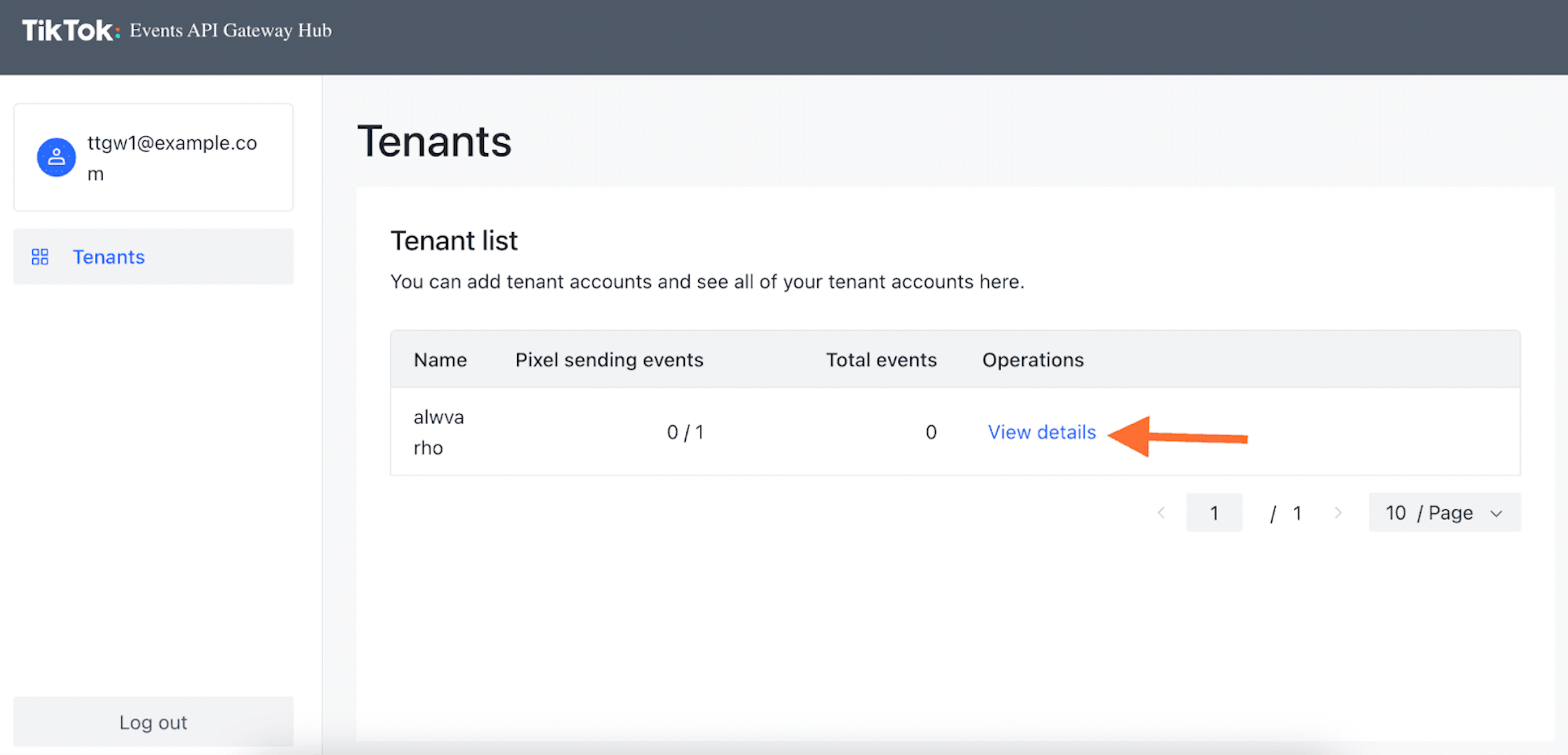 View details in TikTok Events API Gateway hub Tenant list