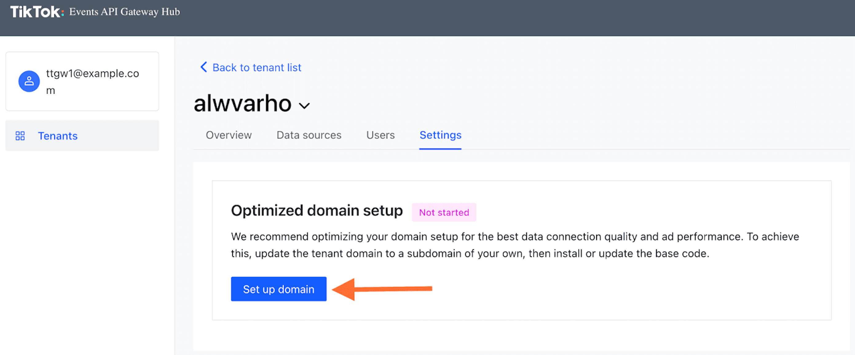Click “Settings” on the menu. Push the button “Set up domain”.