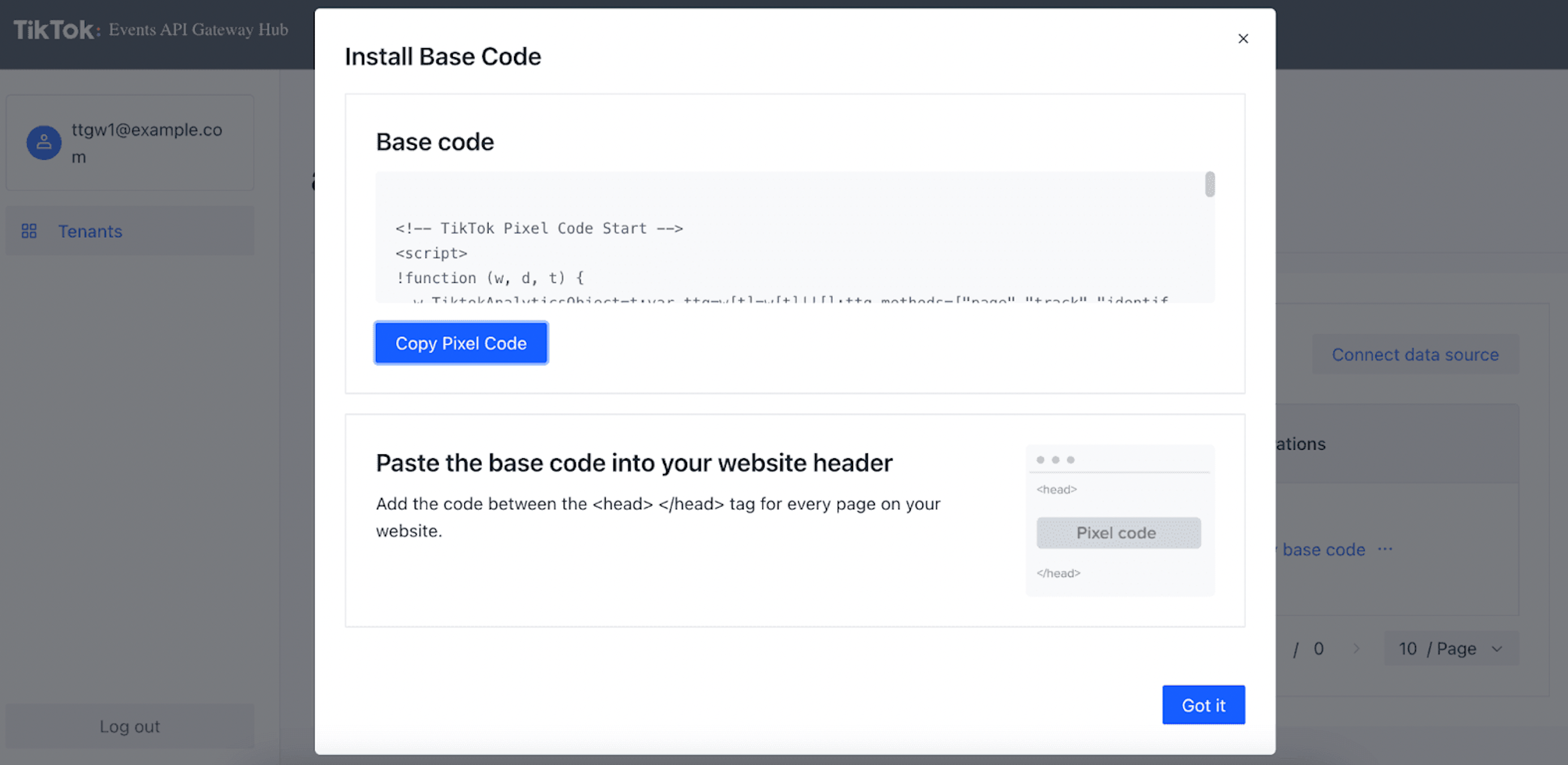 Click on “View base code” to download TikTok js snippet