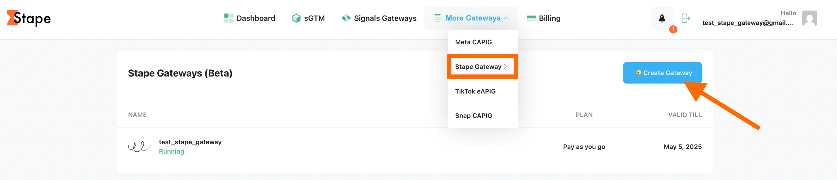 Create a Stape Gateway on Stape