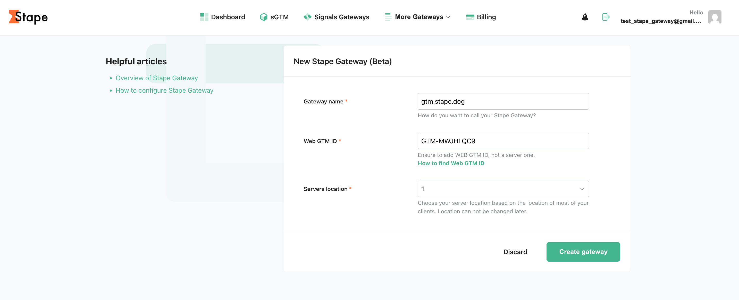 Create a Stape Gateway on Stape