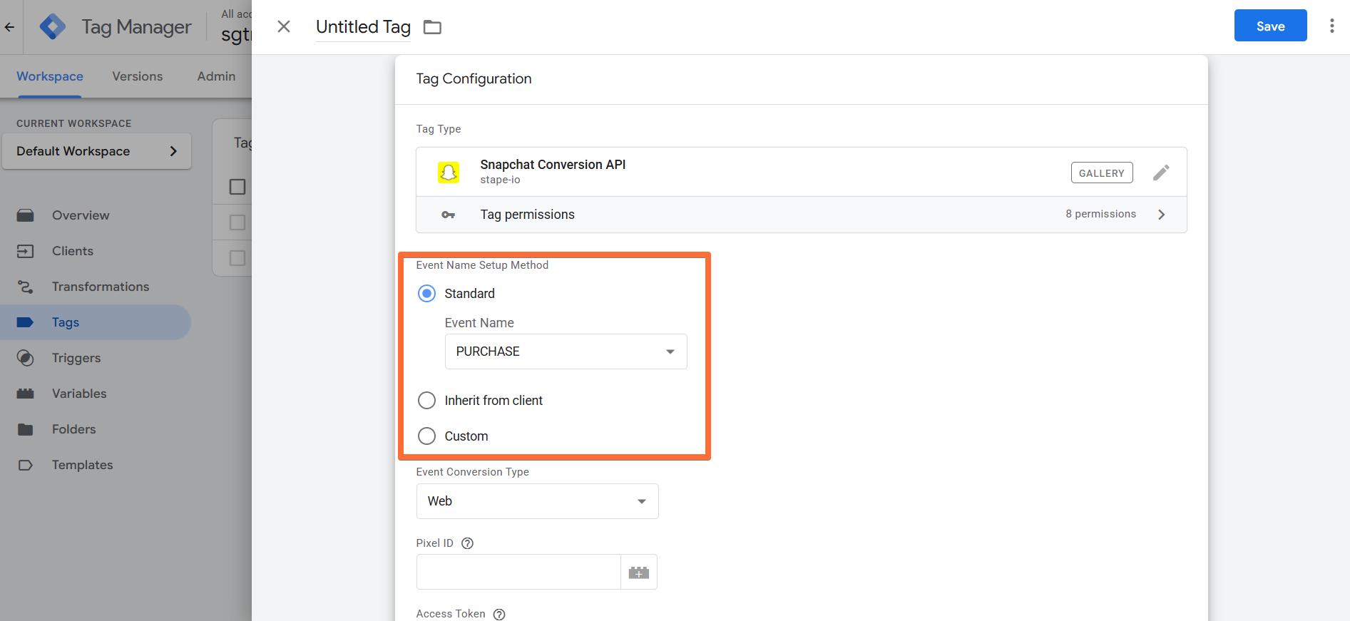 Select the event name under Event Name Setup Method