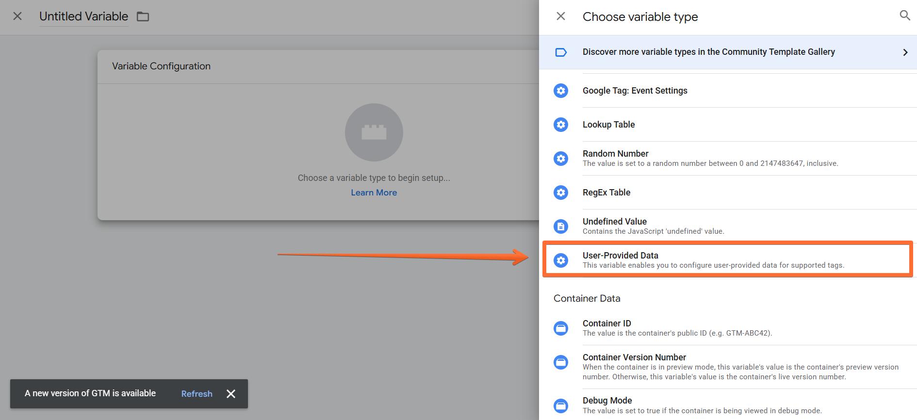 Search for the User-Provided Data configuration