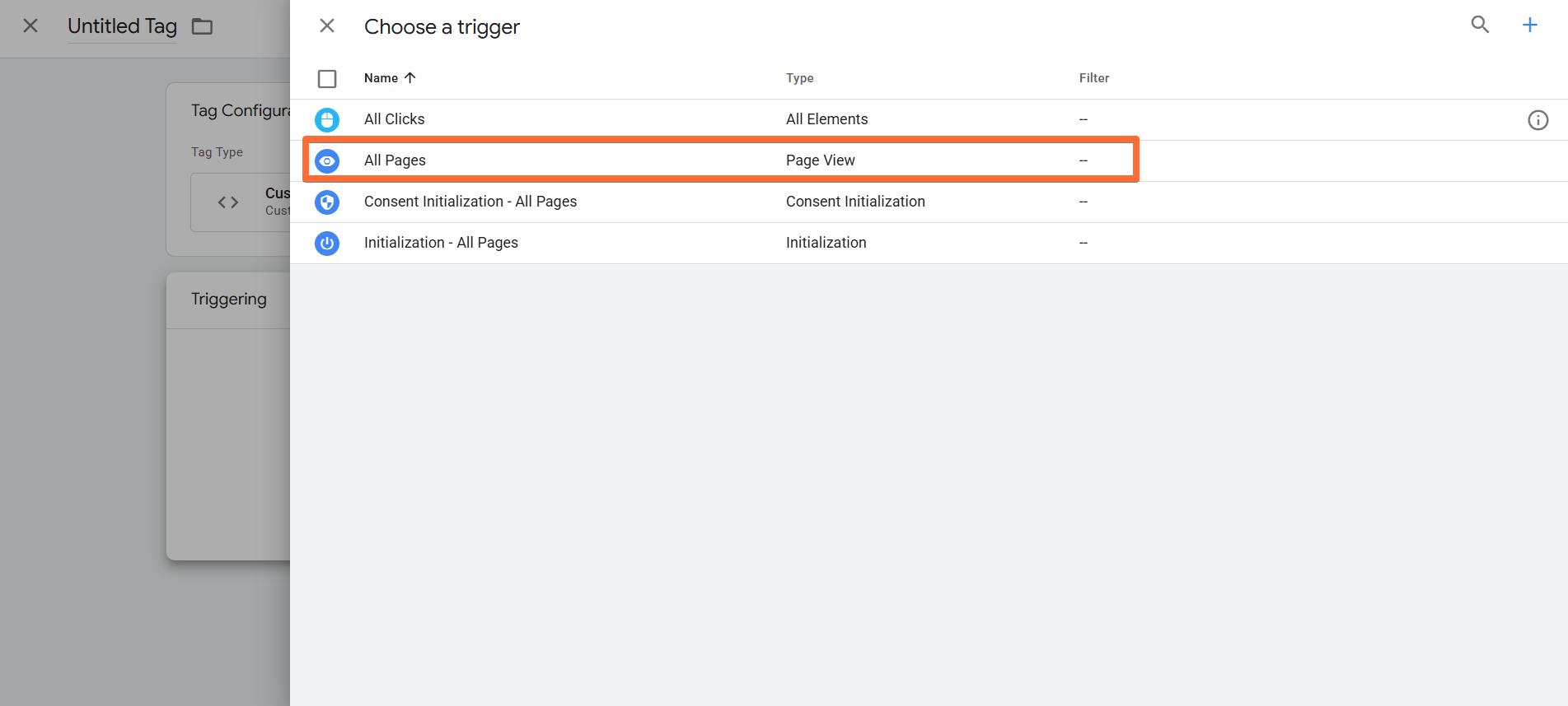 Select all pageviews&nbsp;as the tag’s trigger