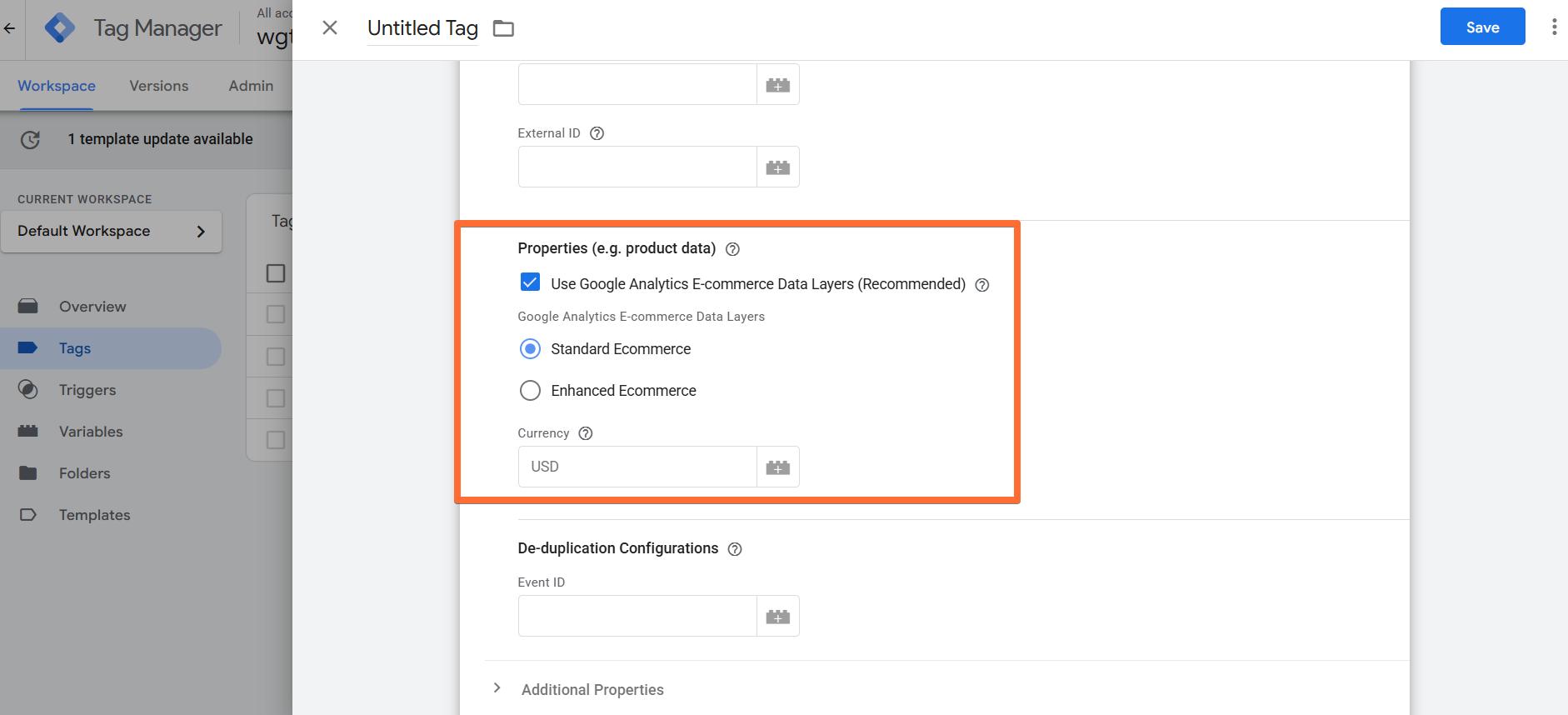 Properties (product data) section