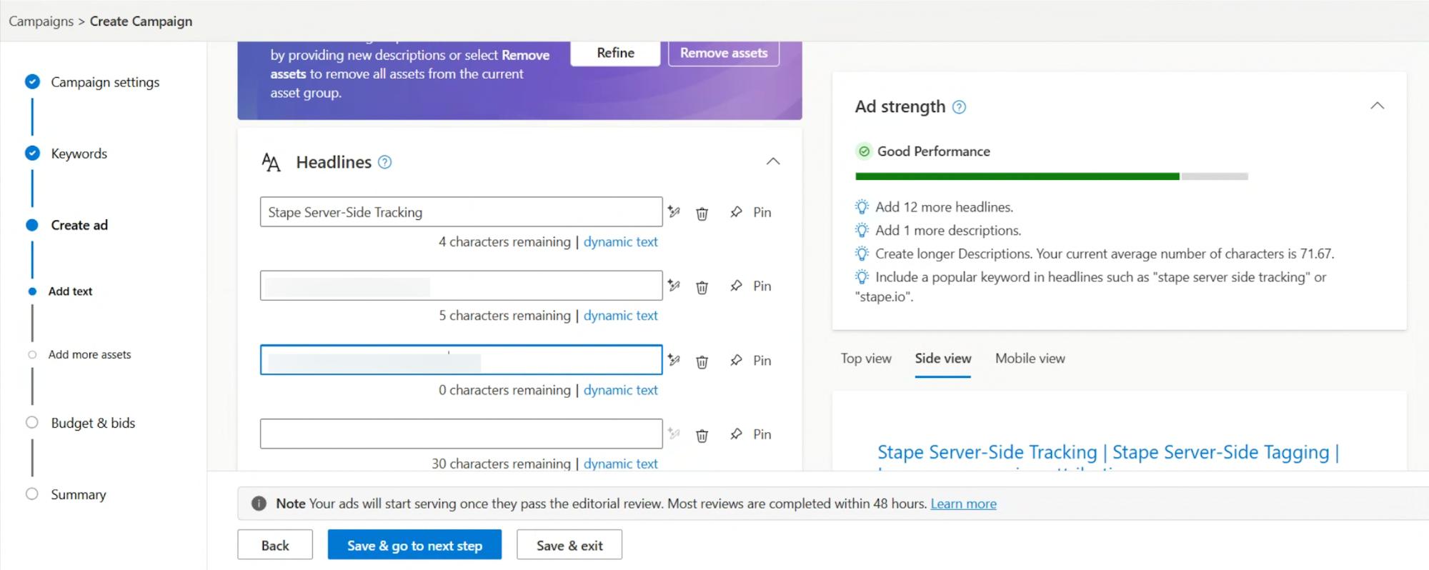 Add headlines to the Microsoft ad