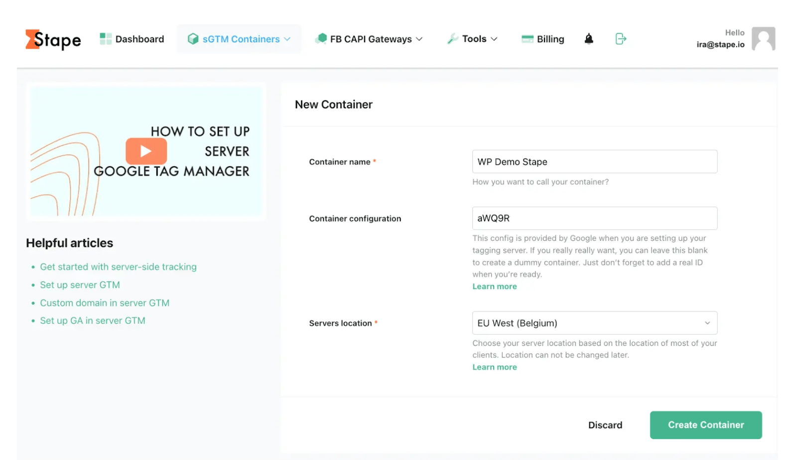 Configuración del contenedor de entrada en Stape