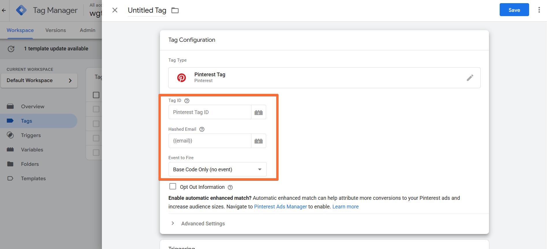 Configure Pinterest tag for the Base code event
