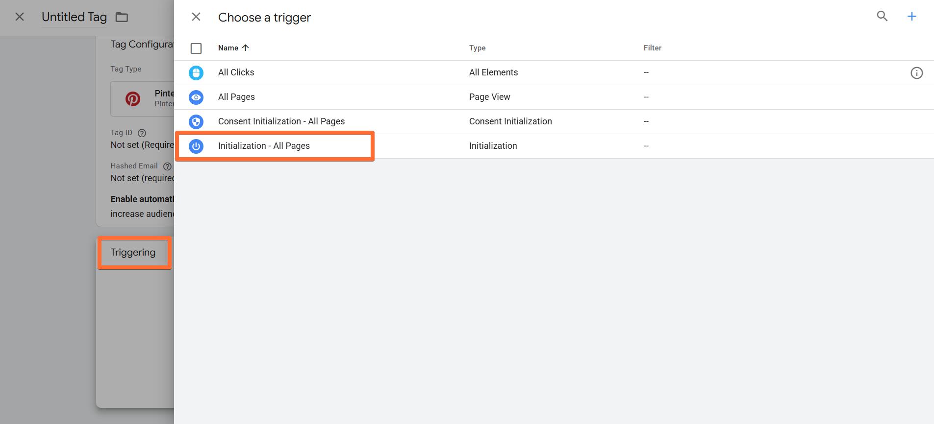 Configuring the tag to trigger on Initialization