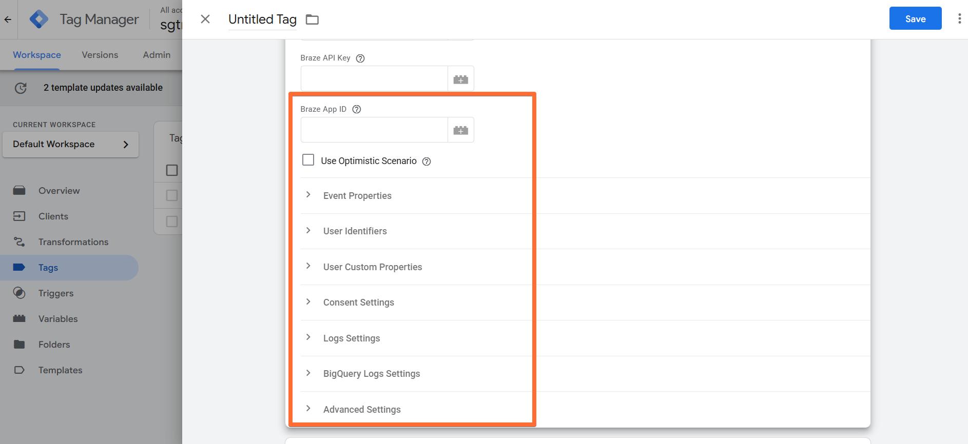 Braze tag's optional configurations