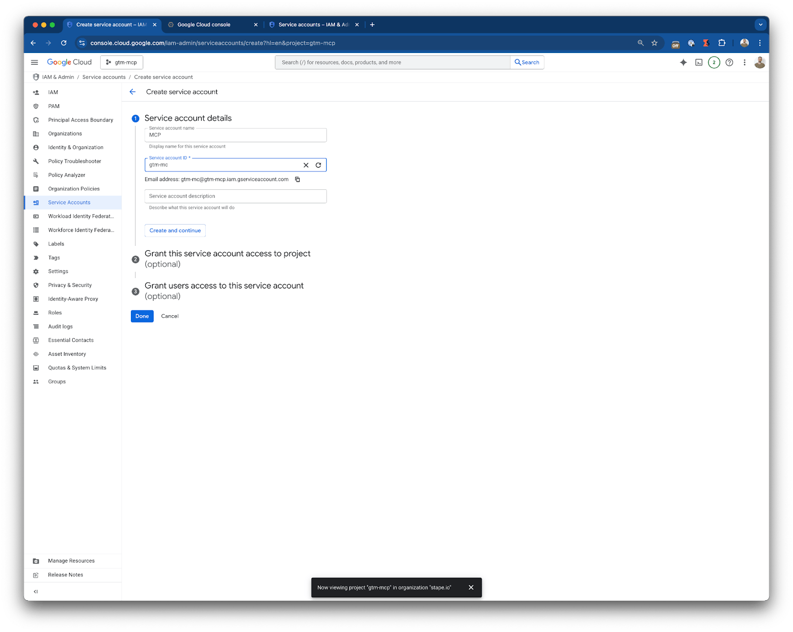 Creare un account di servizio su Google Cloud