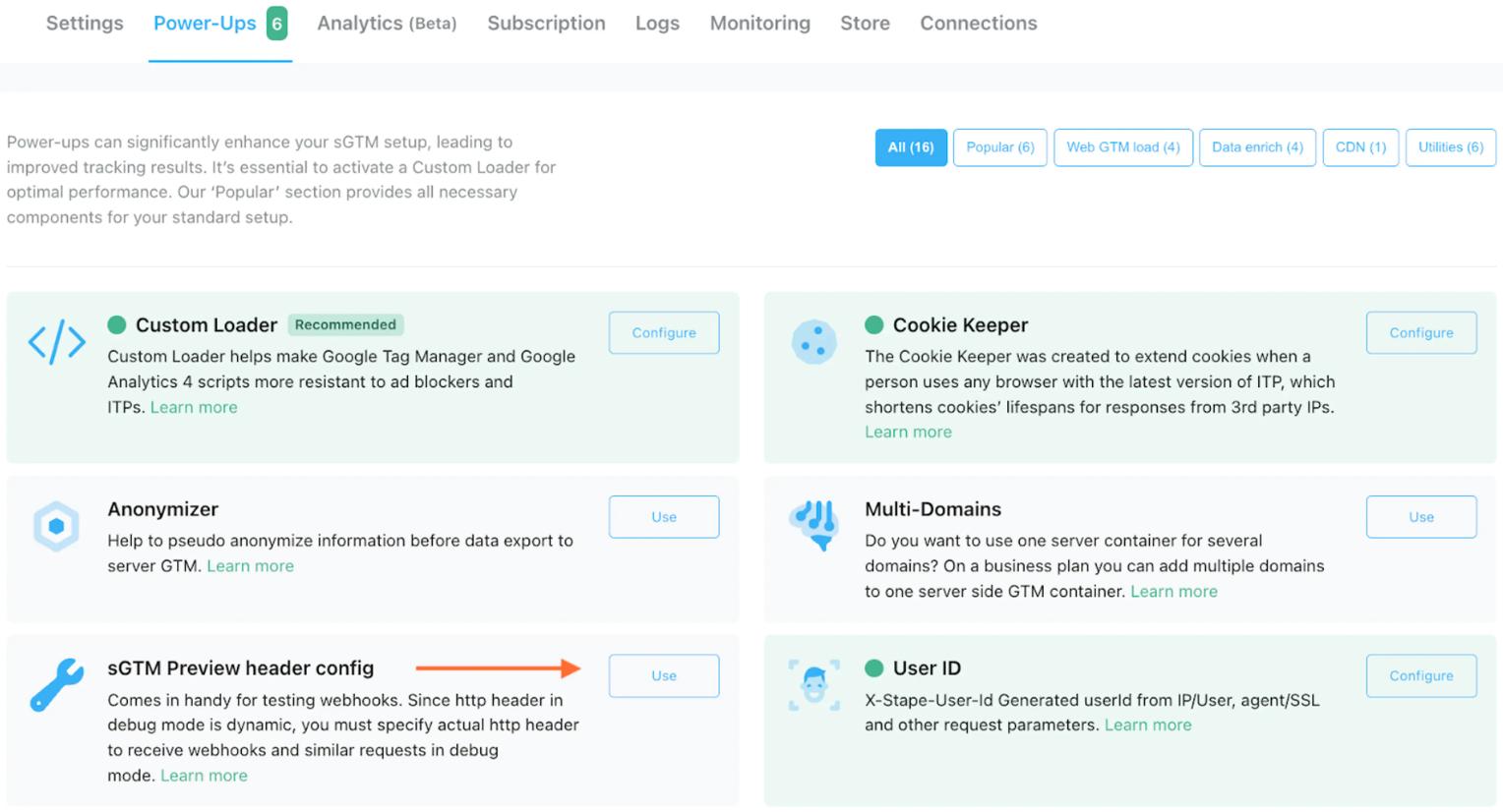 Clique em "Usar configuração do cabeçalho de visualização do sGTM"