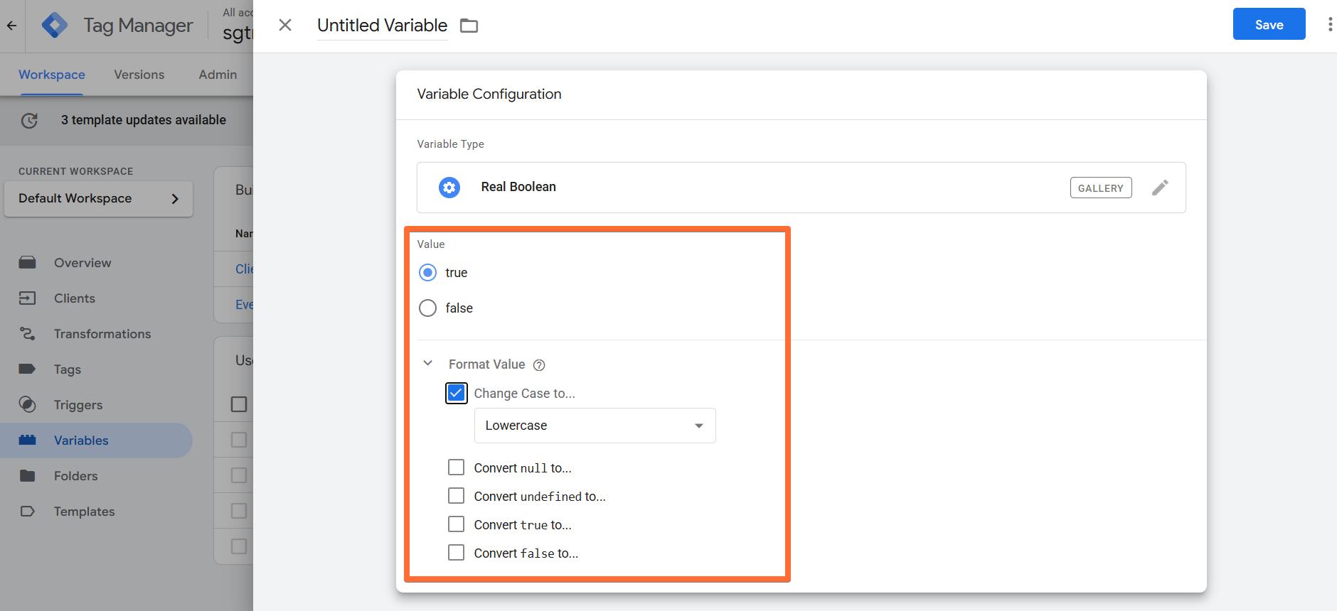 Configuring the Real Boolean variable