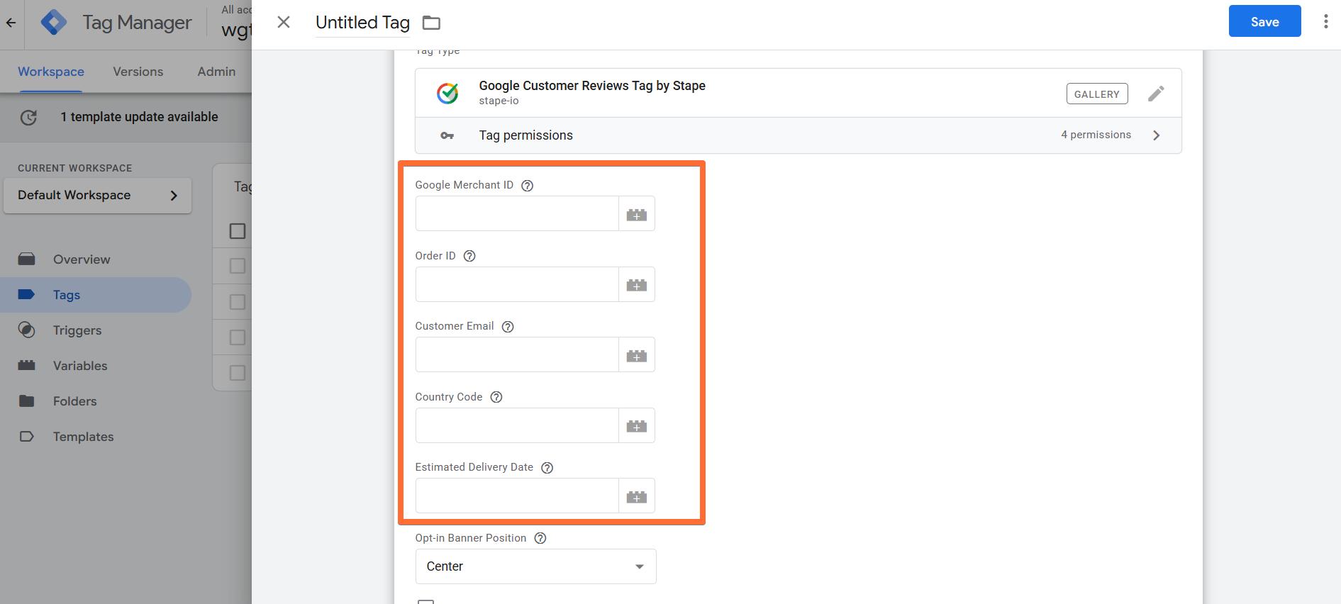 Google Customer Reviews tag core configs