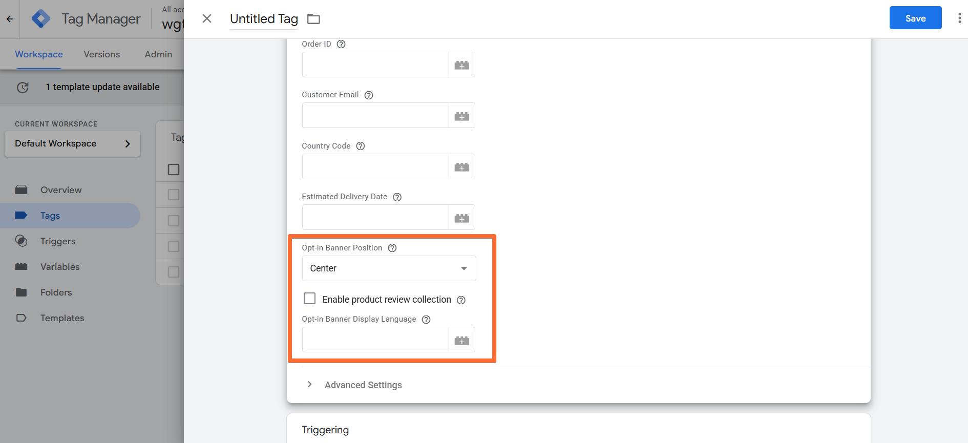 Optional settings of the tag