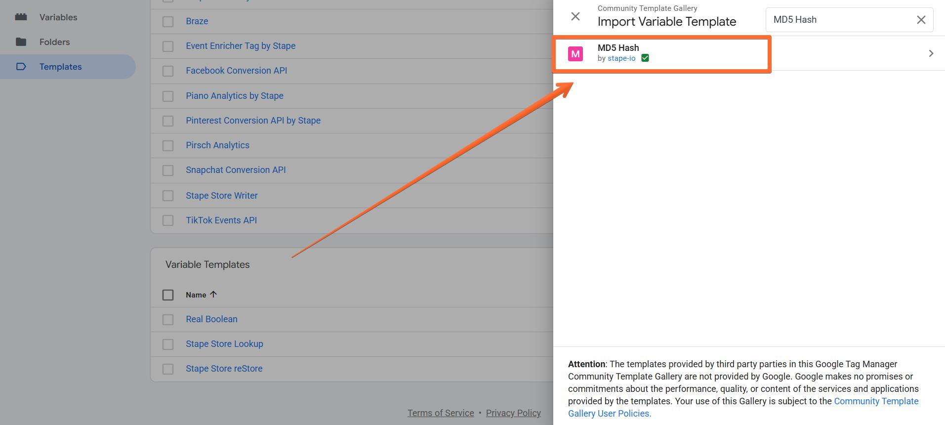 Search for the MD5 Hash variable by Stape