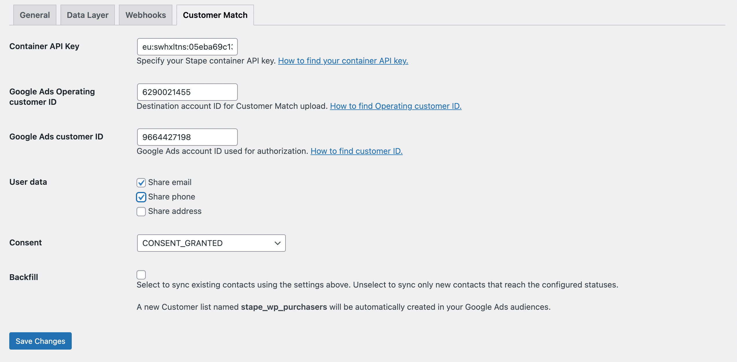 Example of Customer Match configuration in WooCommerce