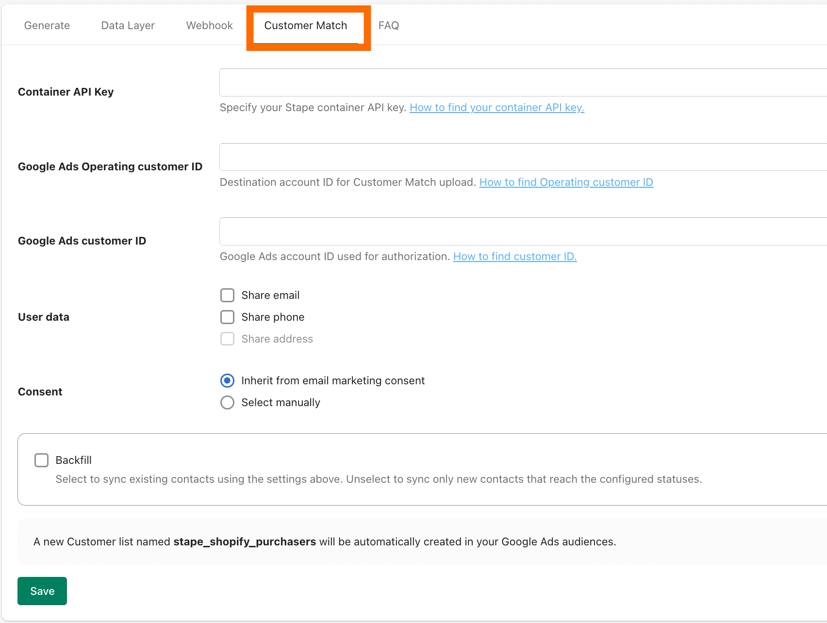 Customer Match tab in Shopify app