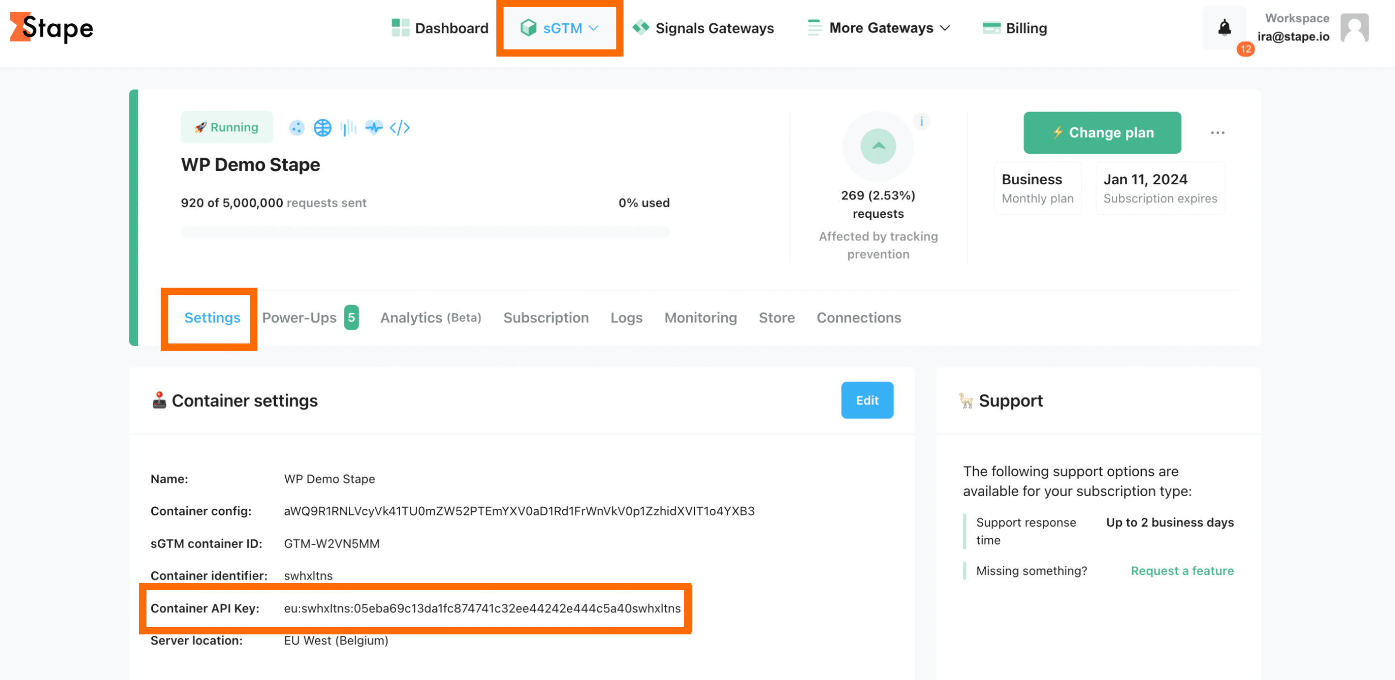 Stape container API key