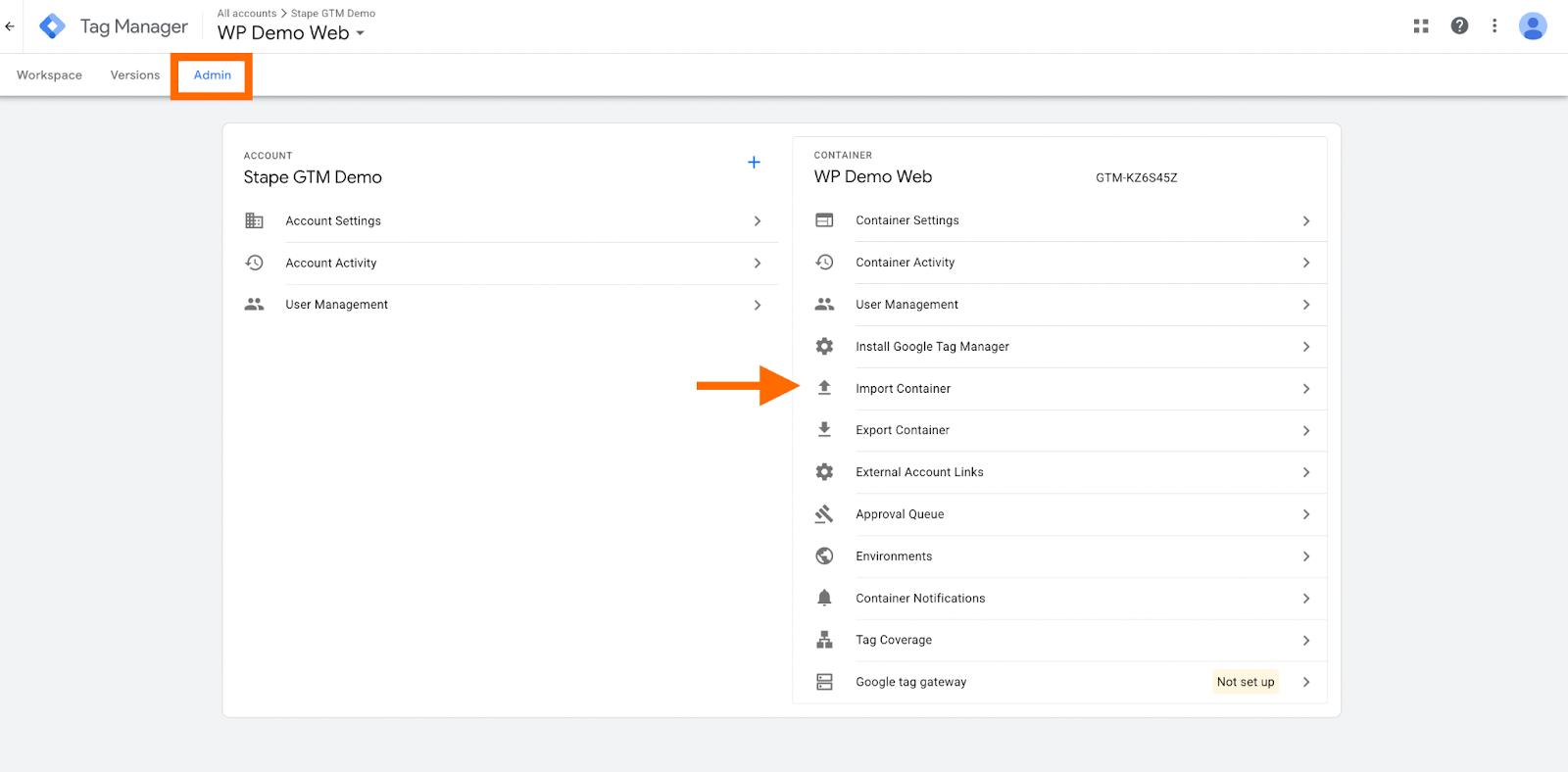 Import container in Web GTM container