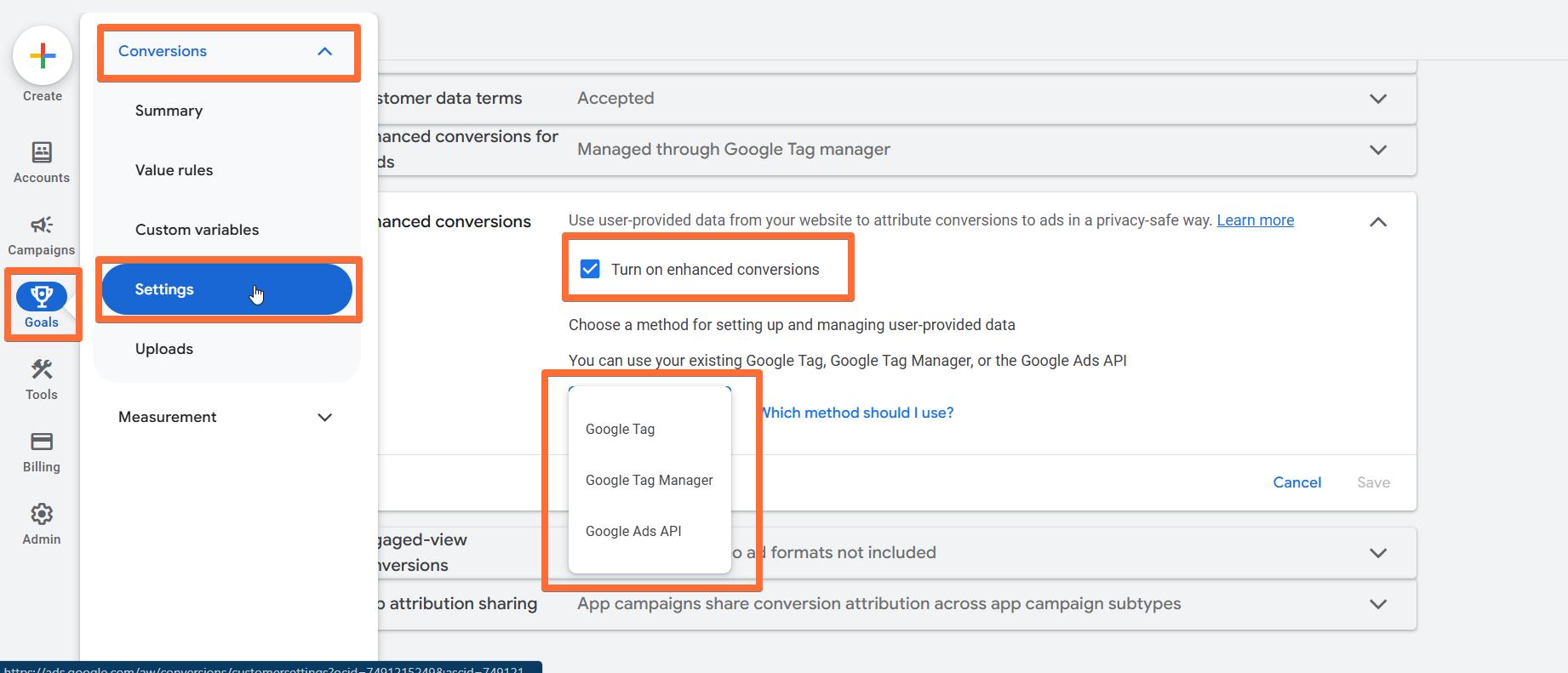 Turn on enhanced conversions