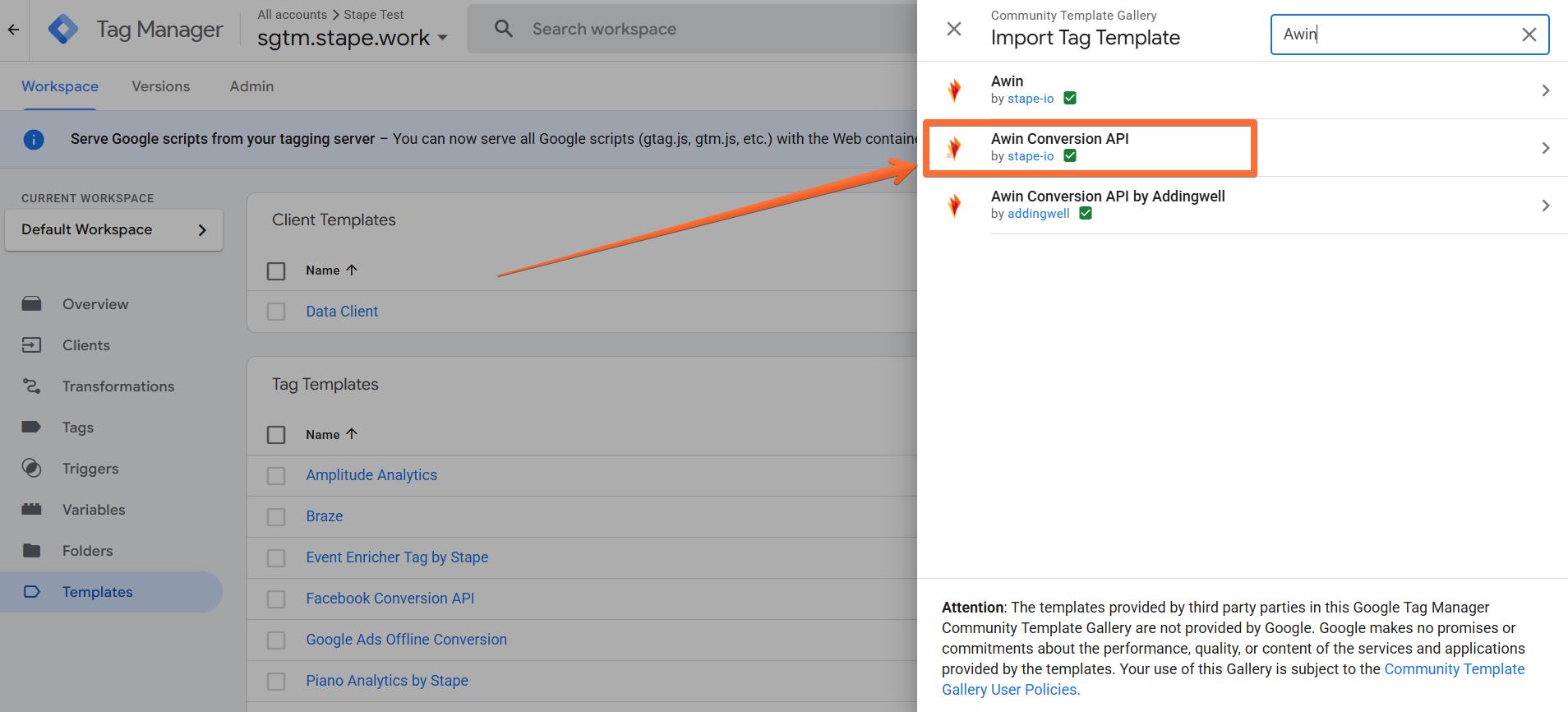 Search for the Awin Conversion API tag 
