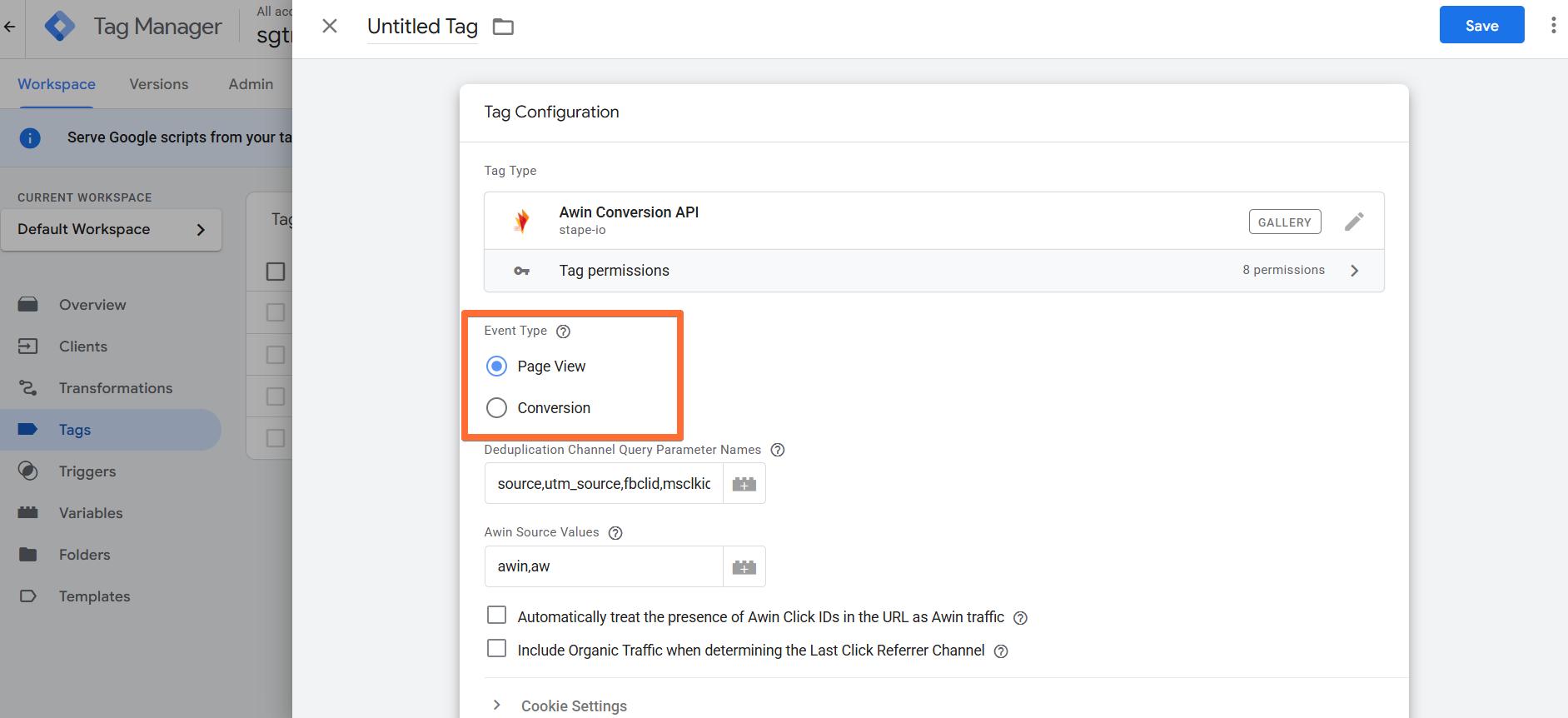 Select the Action you want the tag to perform